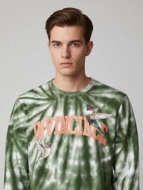Vie Riche Green Tie-Dye Crewneck Sweater with Hummingbird Graphic